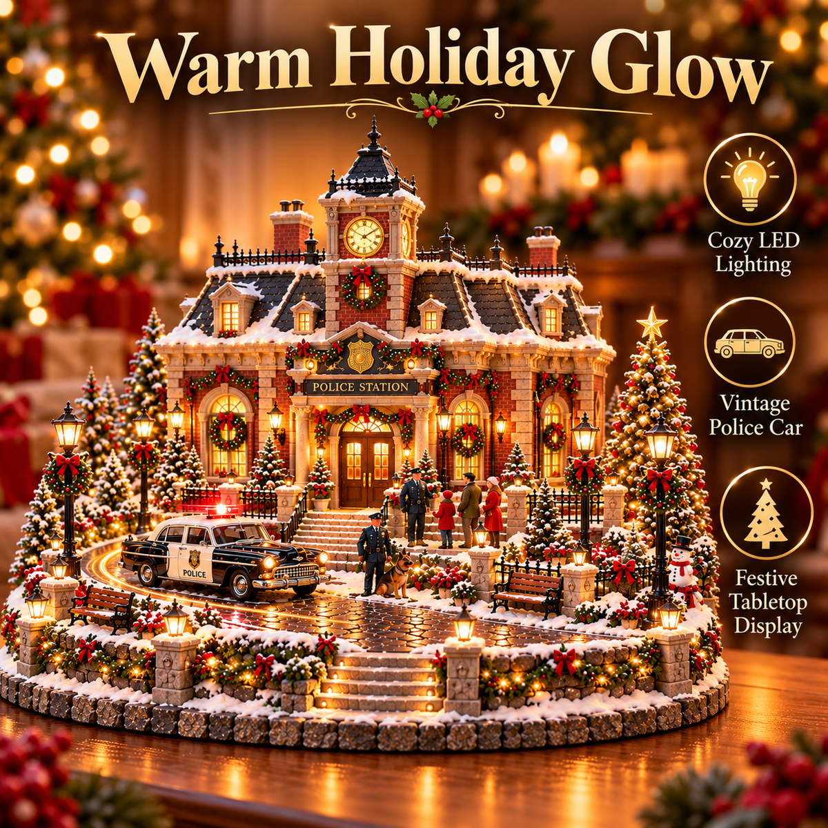 🎄 Christmas Police Station Village™ – Warm LED Lights, Vintage Patrol Car & K9 Holiday Display