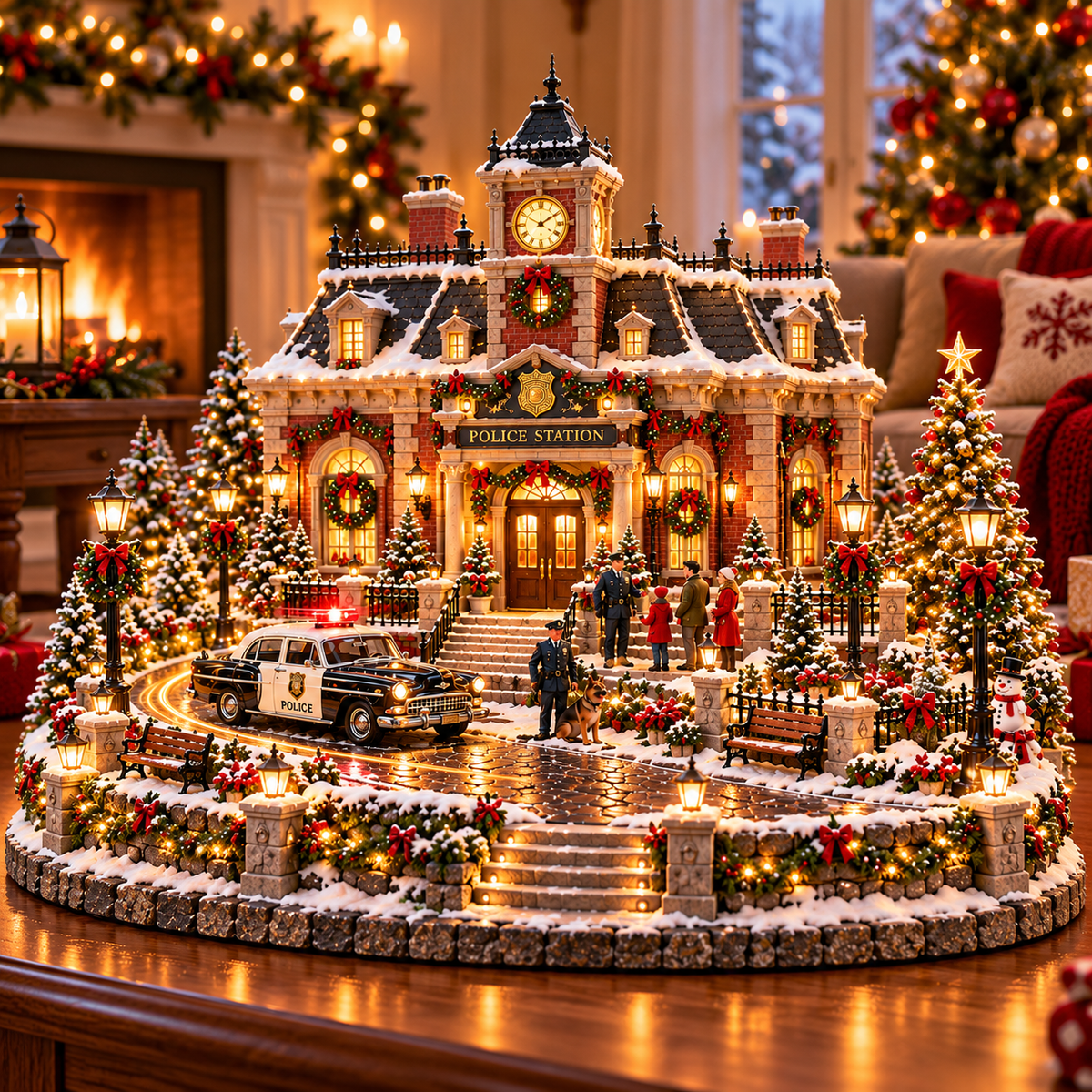 🚒 Light-Up Christmas Firehouse Village – Vintage Fire Truck & Firefighter Holiday Figurine