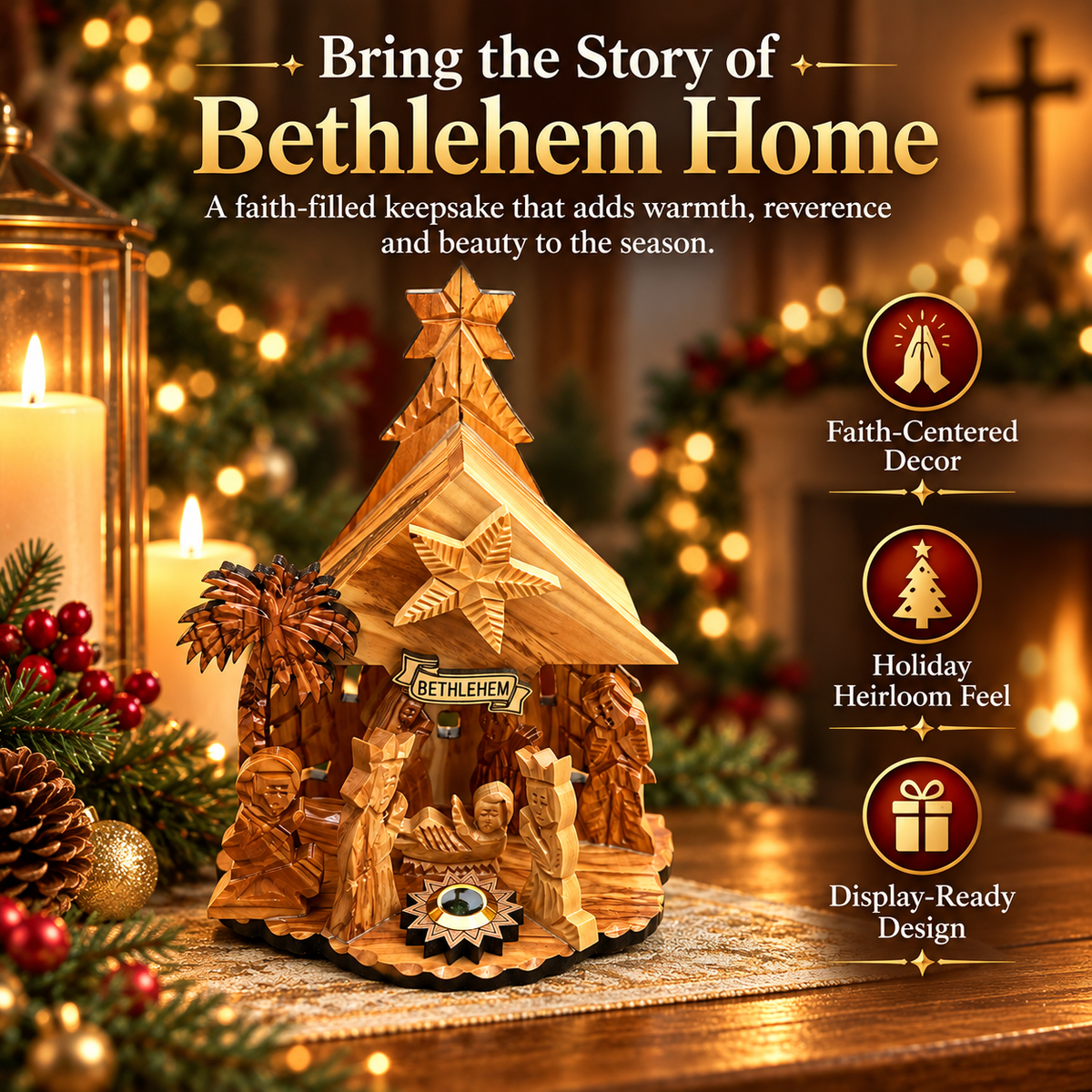 ✝️ Holy Land Nativity Scene with Music Box – Traditional Christmas Keepsake Decoration