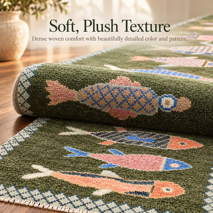 🎏 Hand-Knotted Koi Fish Wool Runner Rug - Artisan Hallway Déco✨