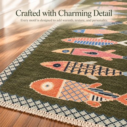 🎏 Hand-Knotted Koi Fish Wool Runner Rug - Artisan Hallway Déco✨