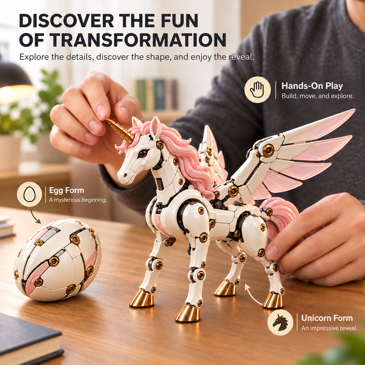 Person exploring the winged unicorn figure by hand with its matching compact egg form