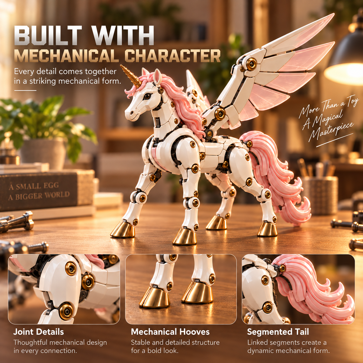 Close-up mechanical unicorn with layered pink wings, gold hooves, joints and segmented tail