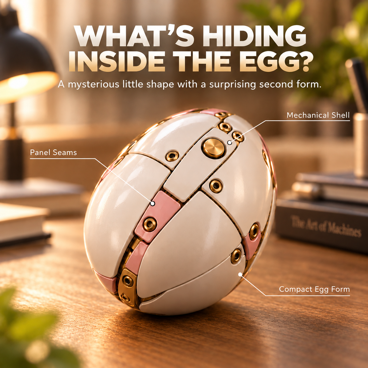 Close-up of pearl-white mechanical egg with pink seams and gold colored joint details