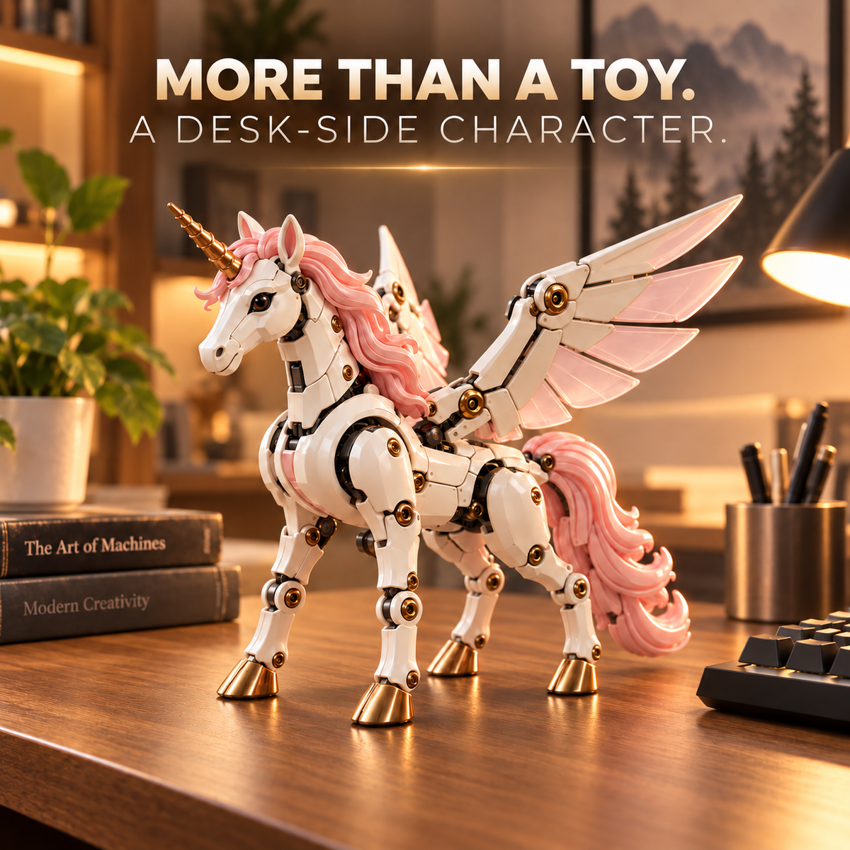 Pearl white mechanical unicorn displayed on a cozy wooden desk alongside books and a keyboard