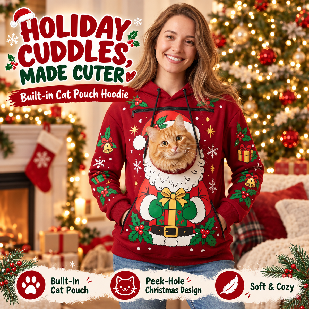 🎅Christmas Cat Pouch Hoodie – Cozy Hands-Free Pet Carrier🐱