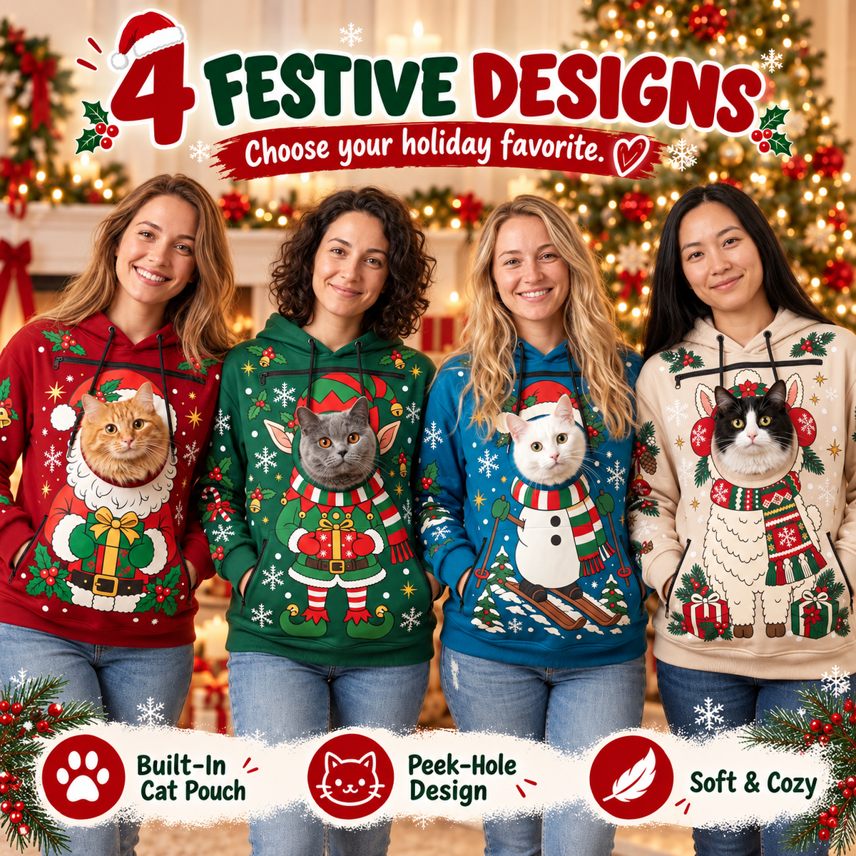 🎅Christmas Cat Pouch Hoodie – Cozy Hands-Free Pet Carrier🐱