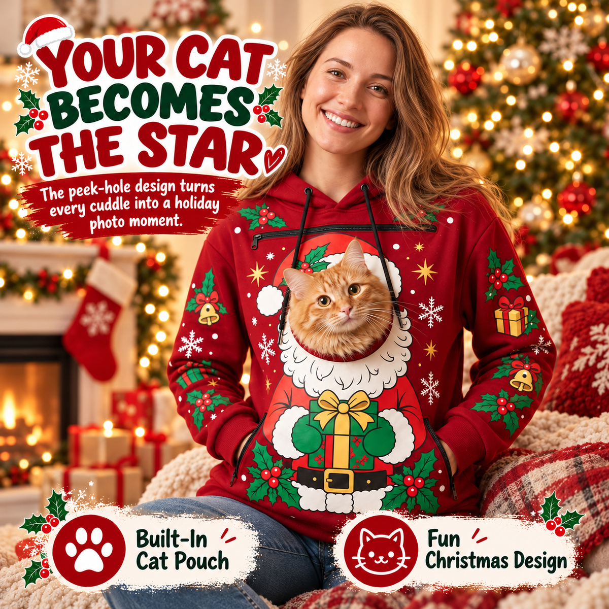 🎅Christmas Cat Pouch Hoodie – Cozy Hands-Free Pet Carrier🐱