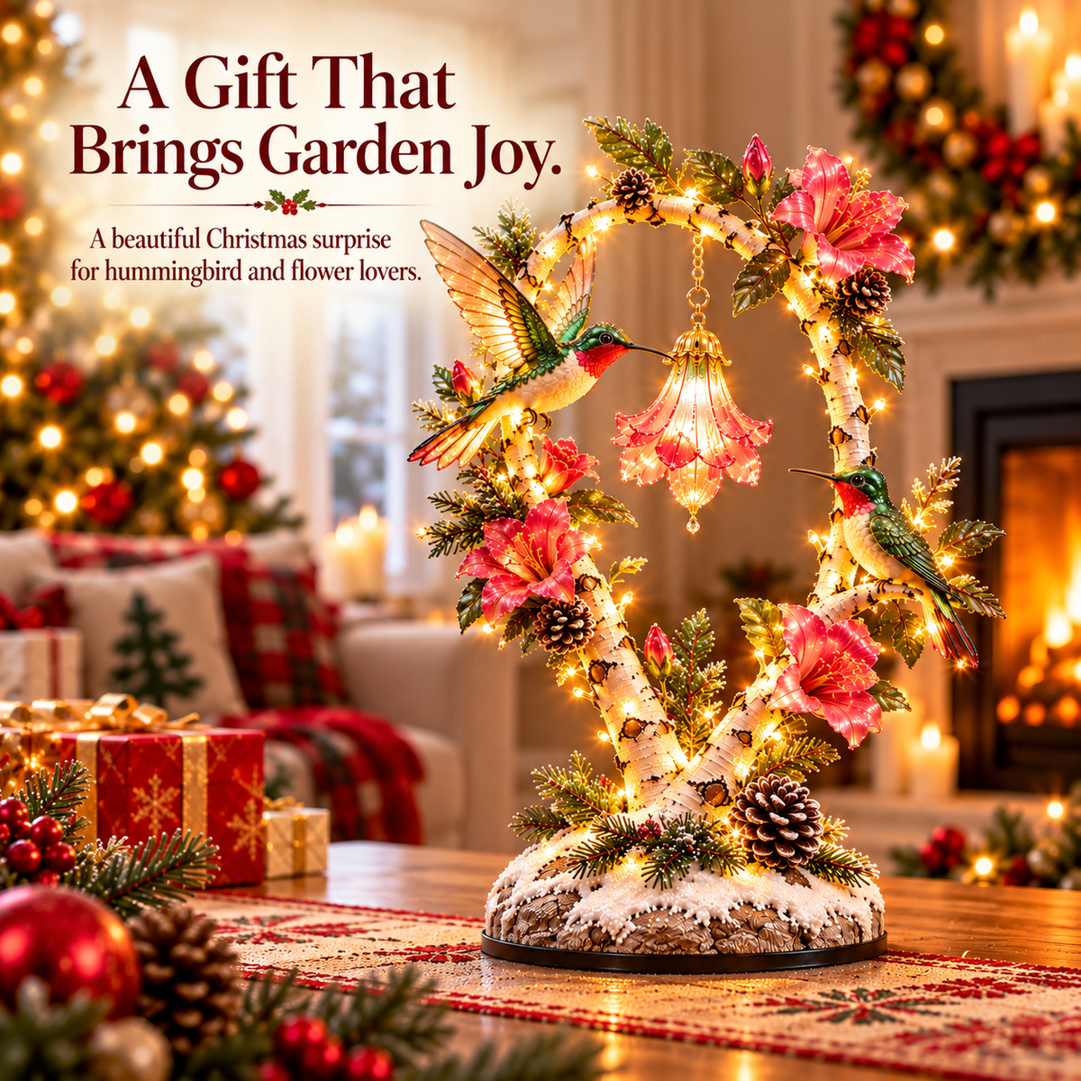 🐦🌺  Hummingbirds in Bloom, Wrapped in a Warm Holiday Glow✨