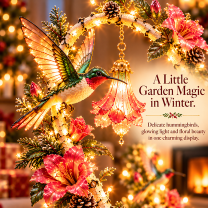 🐦🌺  Hummingbirds in Bloom, Wrapped in a Warm Holiday Glow✨