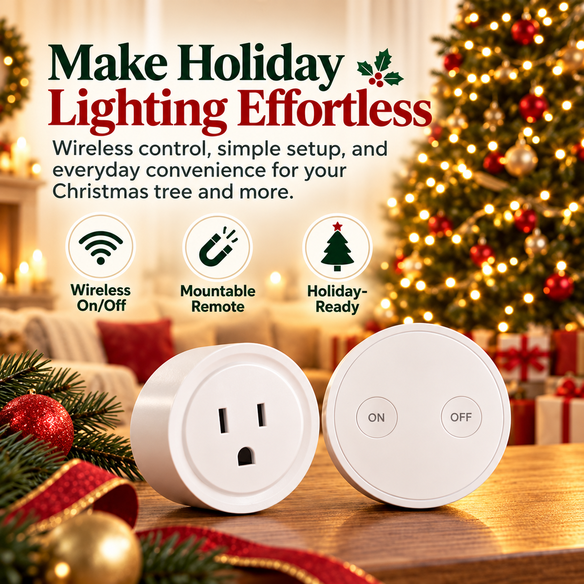 🎄Wireless Christmas Tree Light Switch – Remote-Control Outlet with Easy ON/OFF Buttons