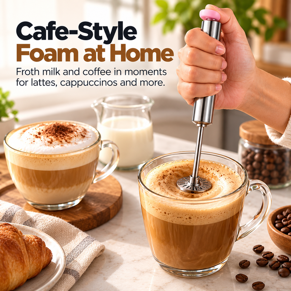 ✨ 3-in-1 Magic Whisk™ 🥣 | Easy Push Stainless Steel Mixer & Milk Frother
