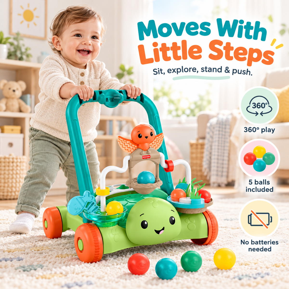 🐢Moves With You Turtle Walker, Baby & Toddler Activity Push Toy, 5 Balls