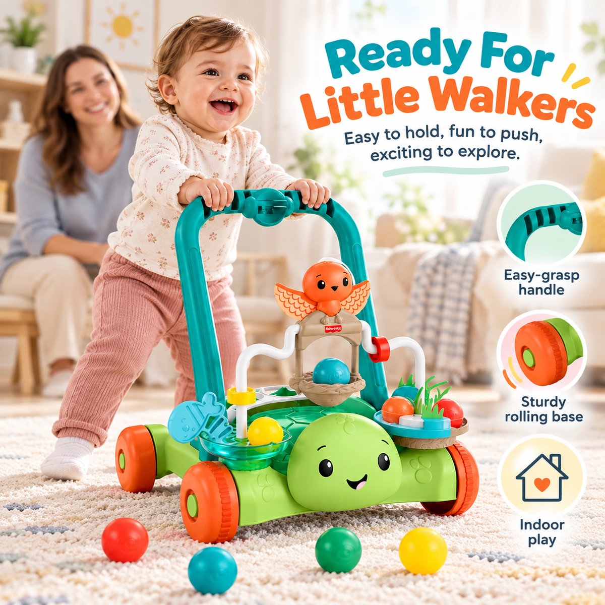 🐢Moves With You Turtle Walker, Baby & Toddler Activity Push Toy, 5 Balls