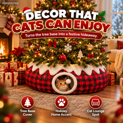 Christmas Tree Skirt Cat Tunnel – Cozy Buffalo Plaid Cat Hideaway with Peek Window & Hanging Pom-Pom Toy