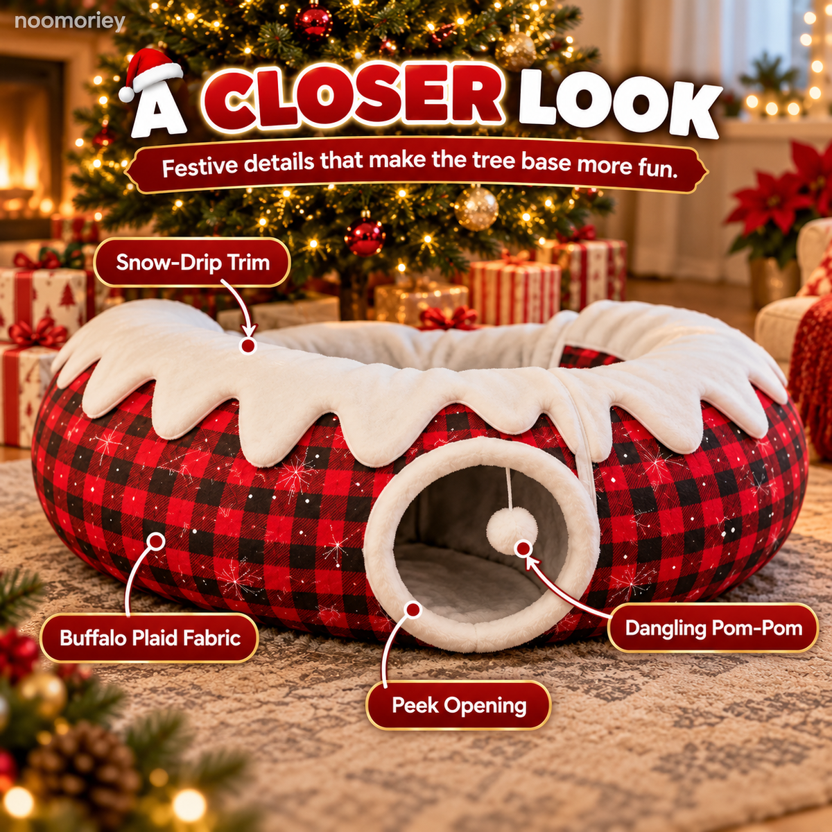 Christmas Tree Skirt Cat Tunnel – Cozy Buffalo Plaid Cat Hideaway with Peek Window & Hanging Pom-Pom Toy
