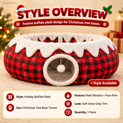 Christmas Tree Skirt Cat Tunnel – Cozy Buffalo Plaid Cat Hideaway with Peek Window & Hanging Pom-Pom Toy
