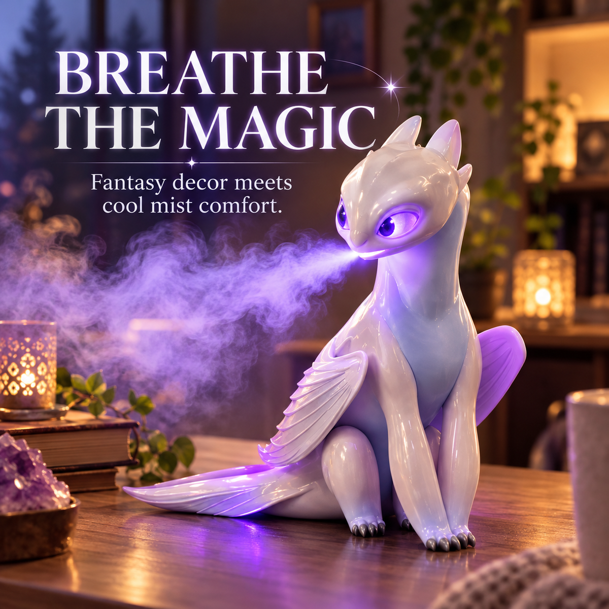 🐉 Mystic White Dragon Mist Humidifier – Purple LED Cool Mist Fantasy Decor