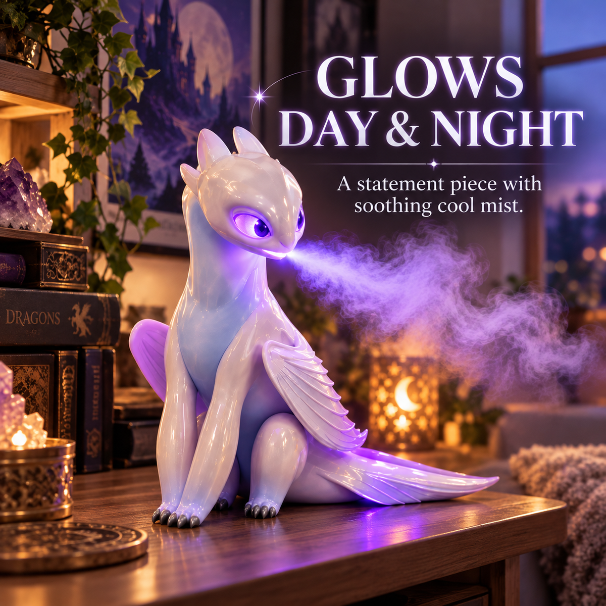 🐉 Mystic White Dragon Mist Humidifier – Purple LED Cool Mist Fantasy Decor