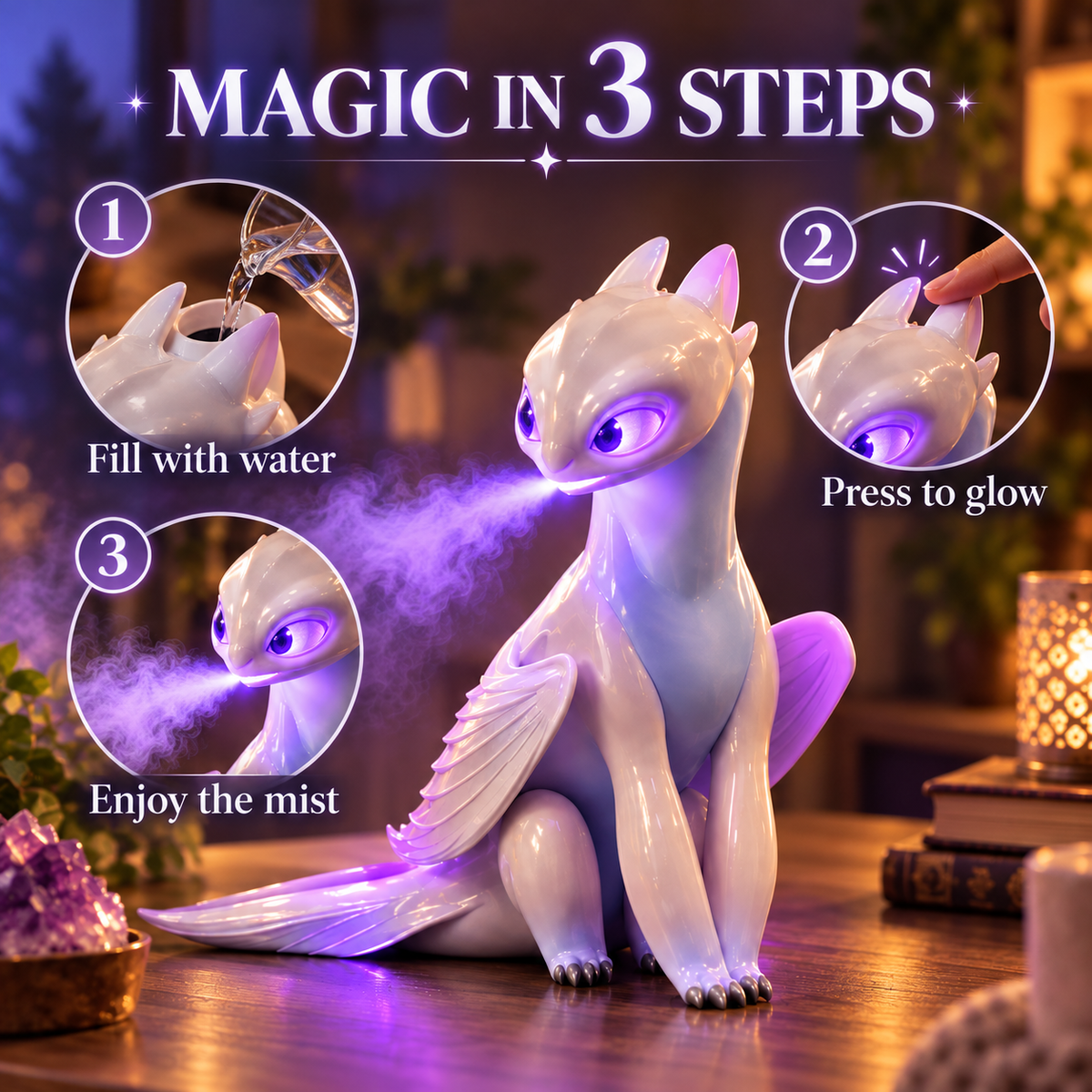 🐉 Mystic White Dragon Mist Humidifier – Purple LED Cool Mist Fantasy Decor