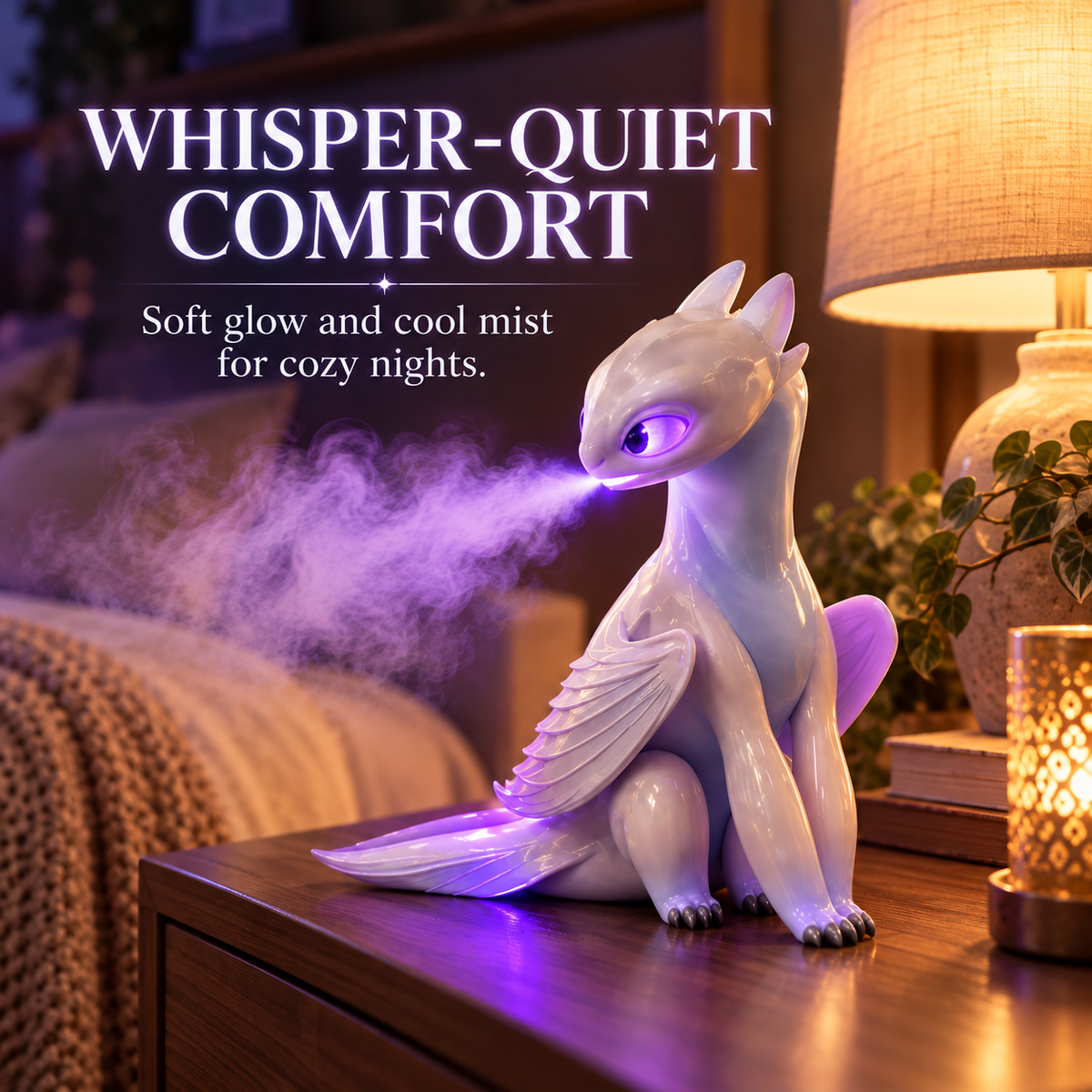 🐉 Mystic White Dragon Mist Humidifier – Purple LED Cool Mist Fantasy Decor