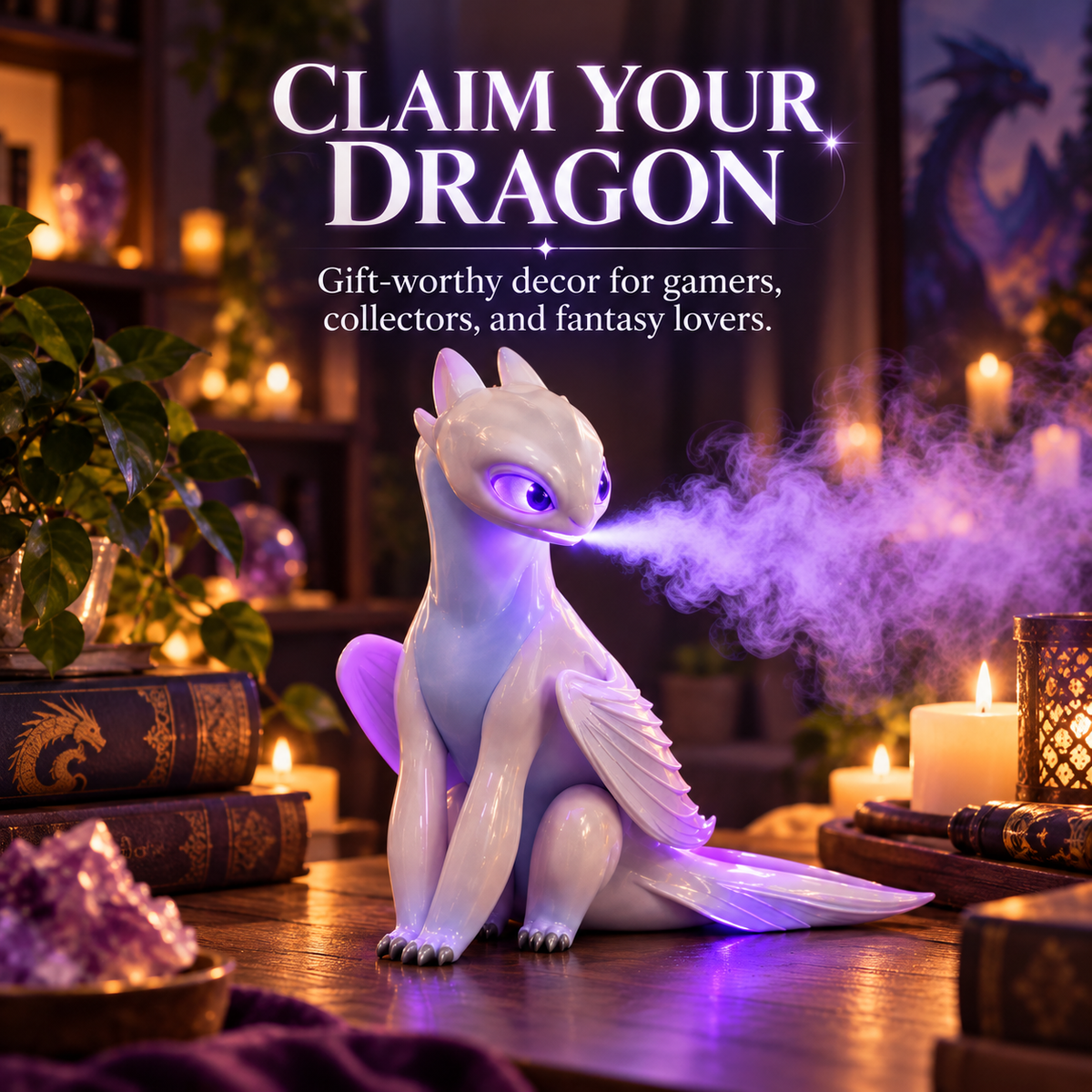 🐉 Mystic White Dragon Mist Humidifier – Purple LED Cool Mist Fantasy Decor