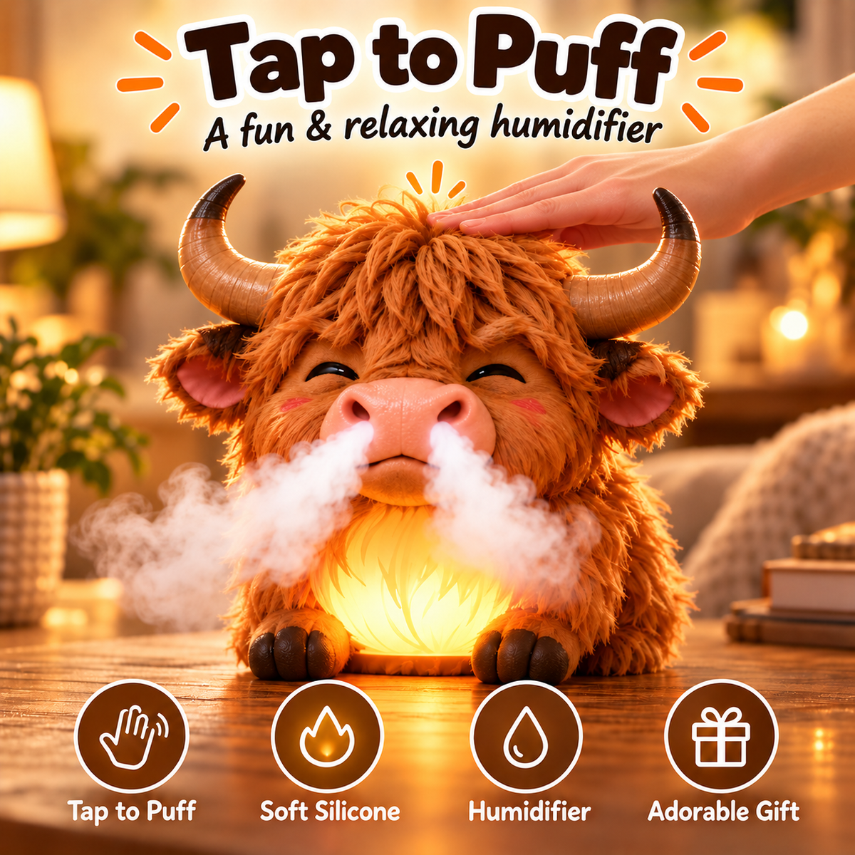 🐮 Highland Cow Tap-to-Puff Humidifier – Cute USB Mist Diffuser with Colorful Night Light