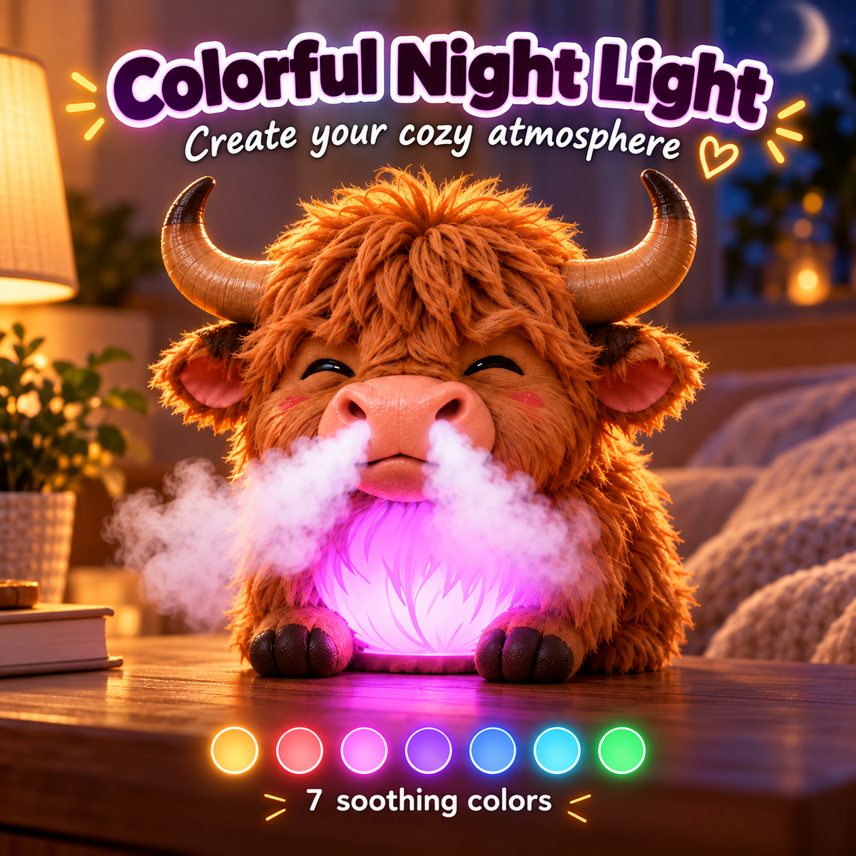 🐮 Highland Cow Tap-to-Puff Humidifier – Cute USB Mist Diffuser with Colorful Night Light