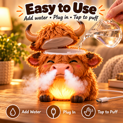 🐮 Highland Cow Tap-to-Puff Humidifier – Cute USB Mist Diffuser with Colorful Night Light