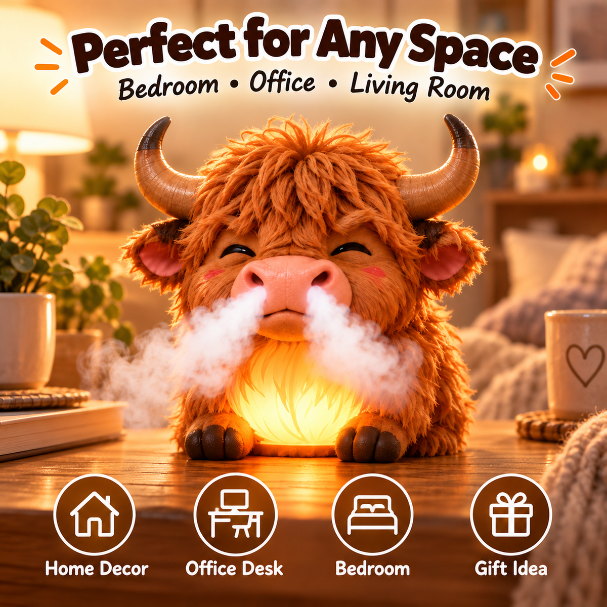 🐮 Highland Cow Tap-to-Puff Humidifier – Cute USB Mist Diffuser with Colorful Night Light