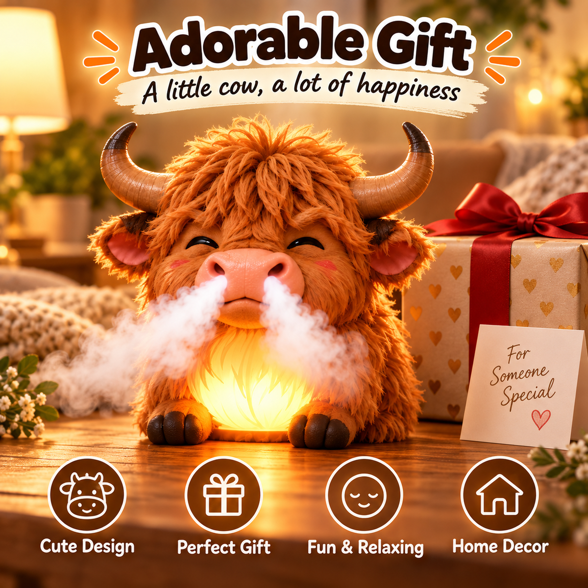 🐮 Highland Cow Tap-to-Puff Humidifier – Cute USB Mist Diffuser with Colorful Night Light