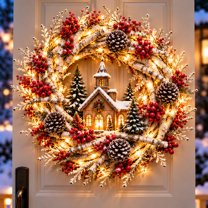 🎄 Snowy Birch Cardinal Christmas Wreath – Light-Up Winter Woodland Decor
