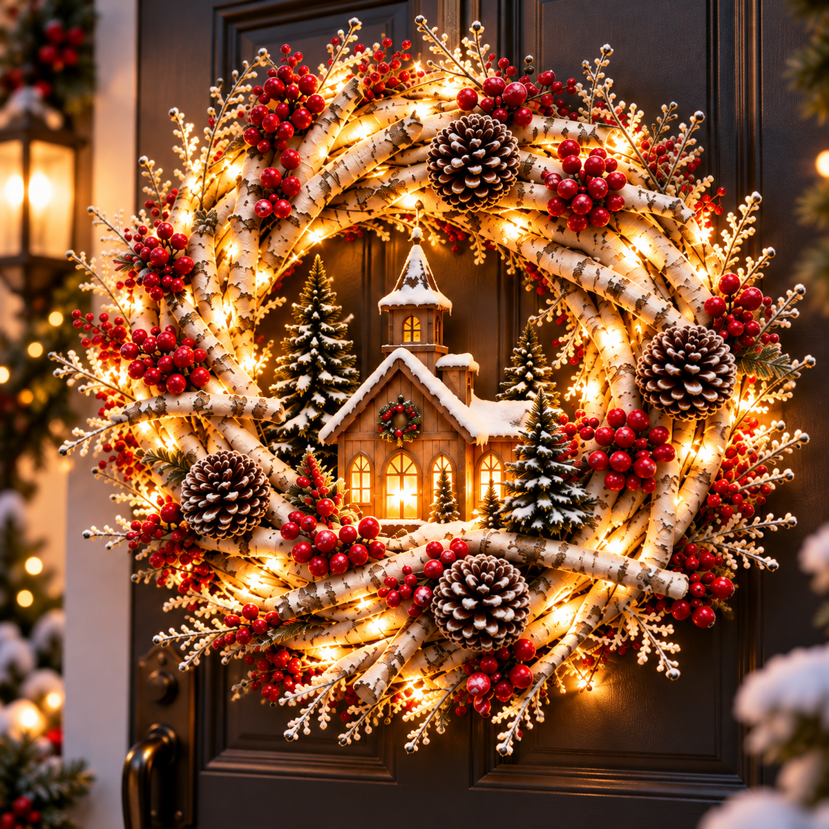 🎄 Snowy Birch Cardinal Christmas Wreath – Light-Up Winter Woodland Decor