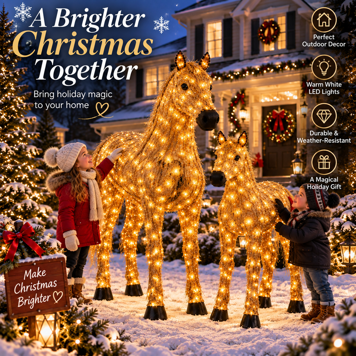 🐴 Light-Up Christmas Horse & Foal Set – Warm White LED Holiday Display
