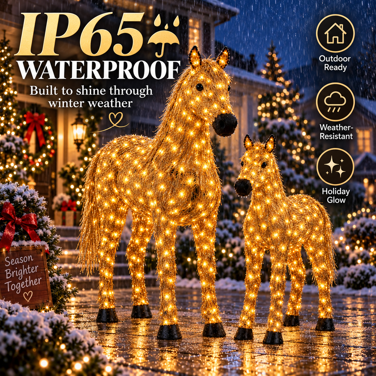 🐴 Light-Up Christmas Horse & Foal Set – Warm White LED Holiday Display