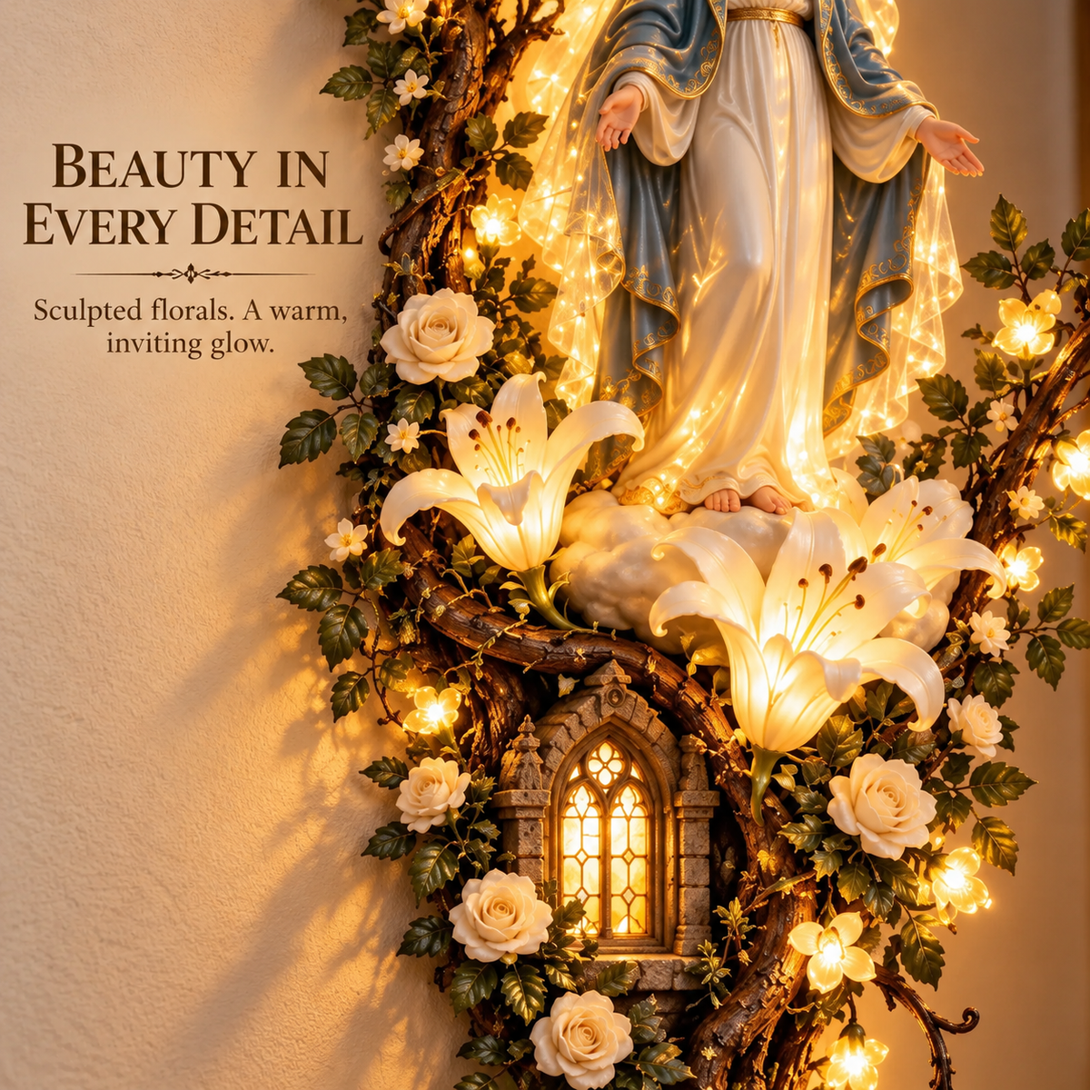 Close-up view of lilies roses and illuminated chapel window