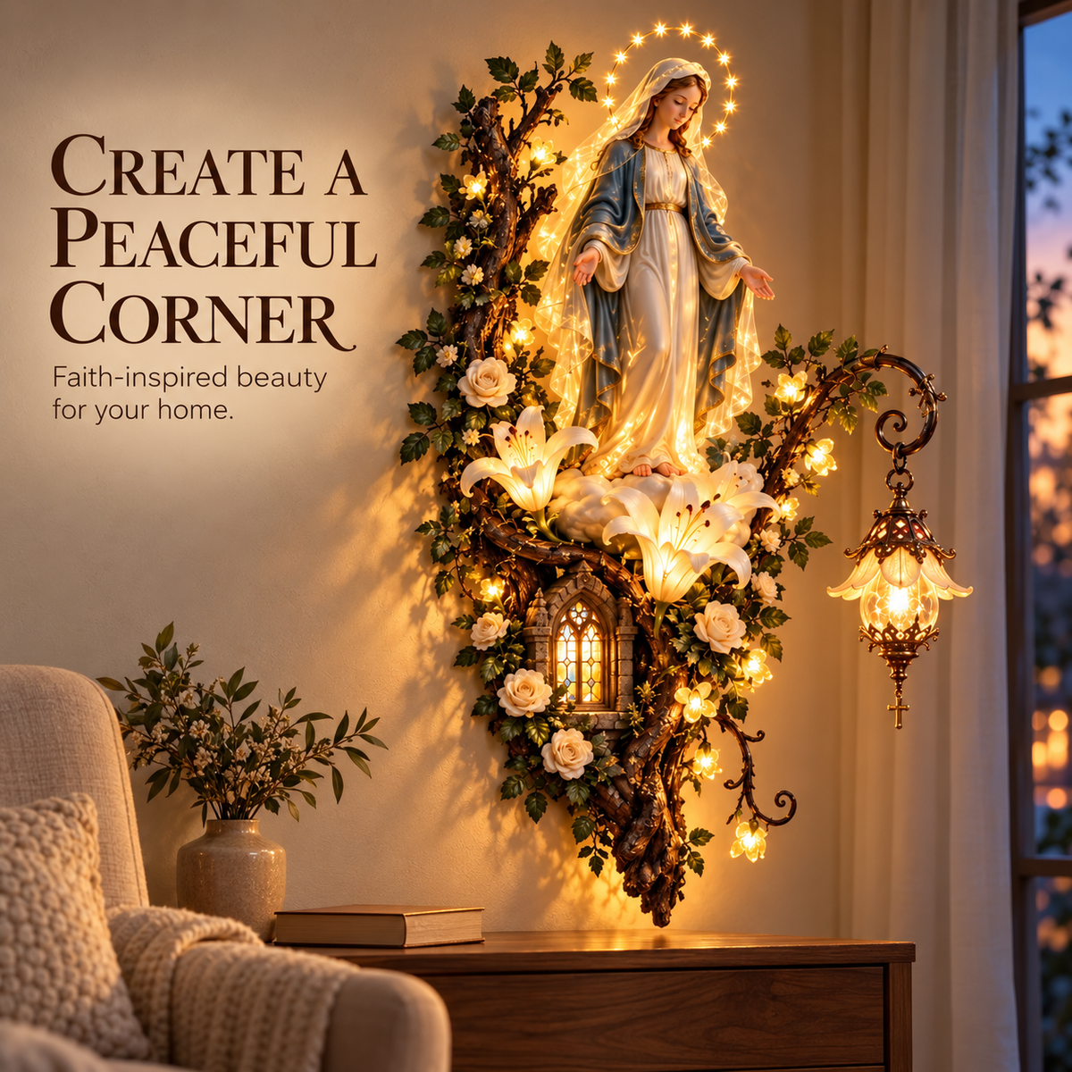 Blessed Mother lighted wall decor in a peaceful home