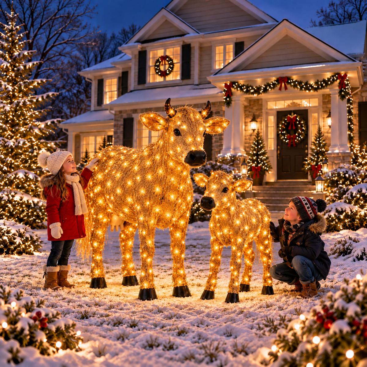 ✨🐄 Light-Up Christmas Cow & Calf Set – Warm White LED Holiday Display