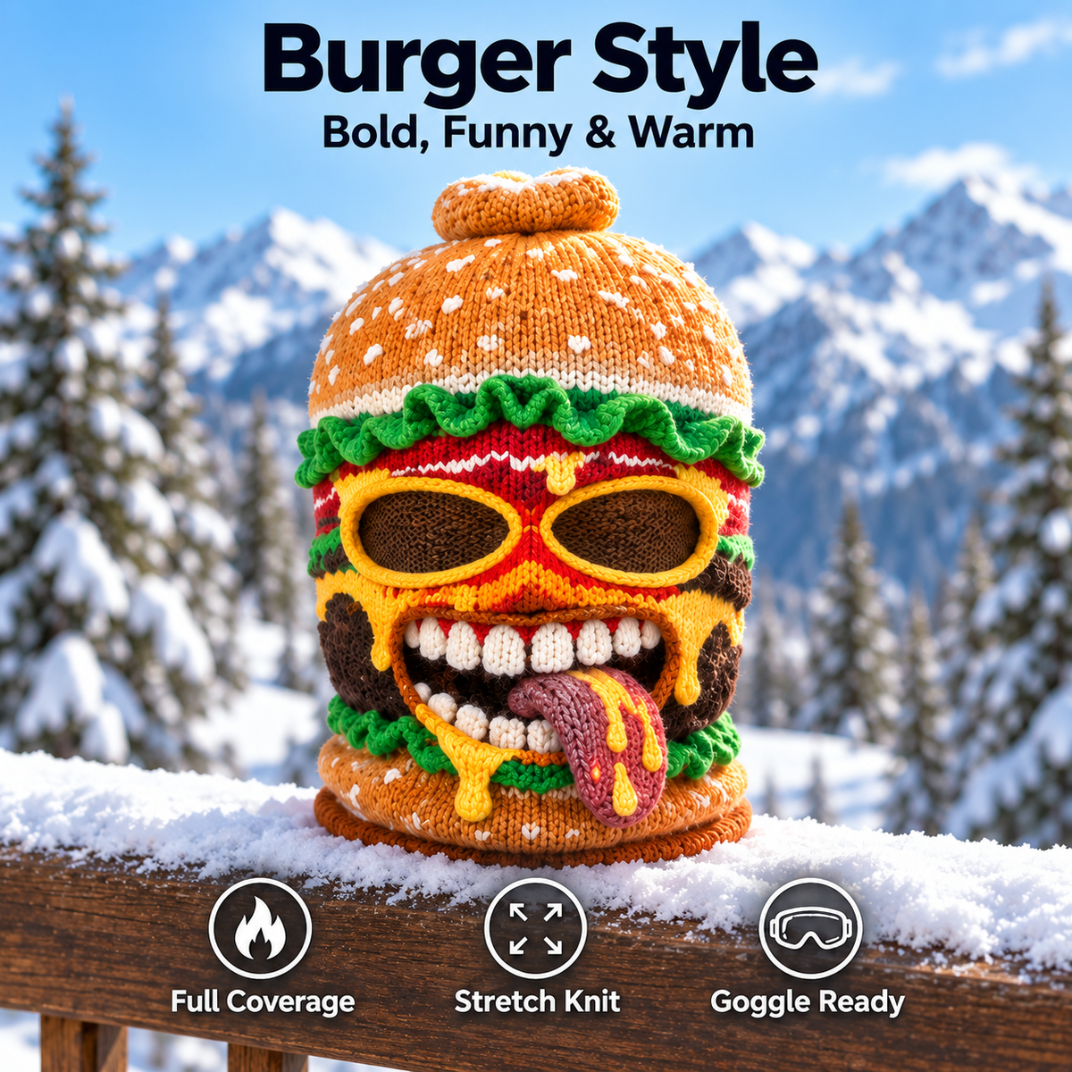 🍔 Funny Food Knit Balaclava – Warm Full-Face Ski Mask for Winter Adventures