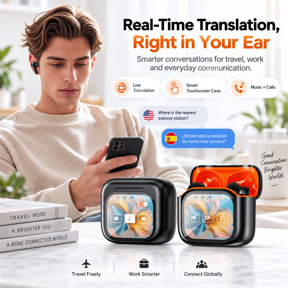 🌍 AI Translation Earbuds – 144 Languages, Smart Touchscreen & Noise-Canceling Audio