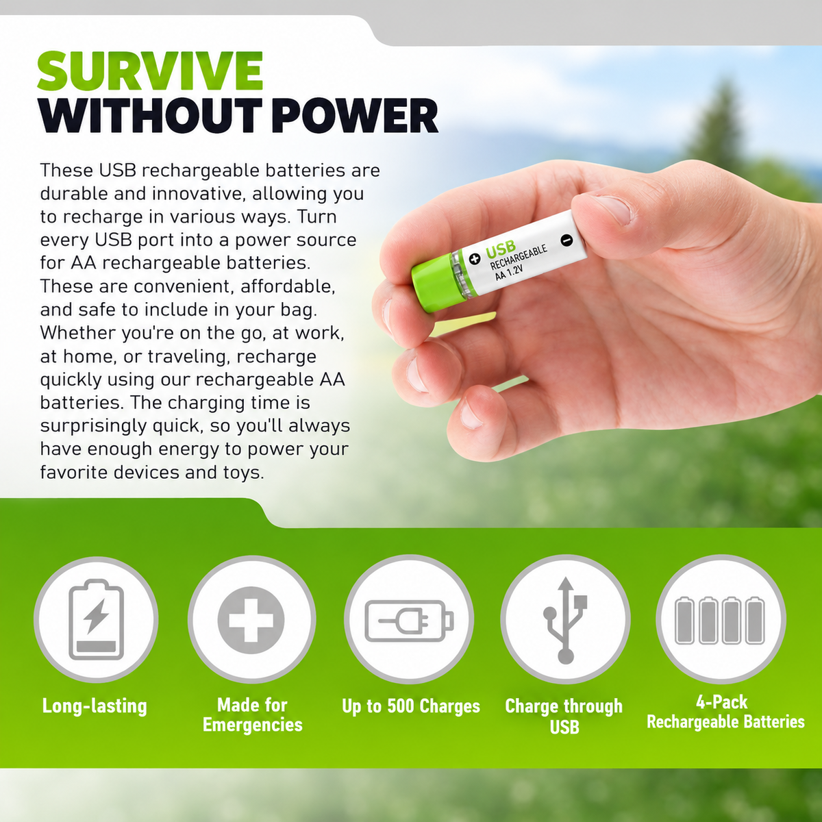 4-Pack USB Rechargeable AA & AAA Batteries – Built-In USB Charging