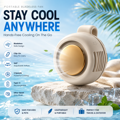 Portable Bladeless Clip-On Fan |360° Cooling • Hands-Free Comfort • Ultra Portable