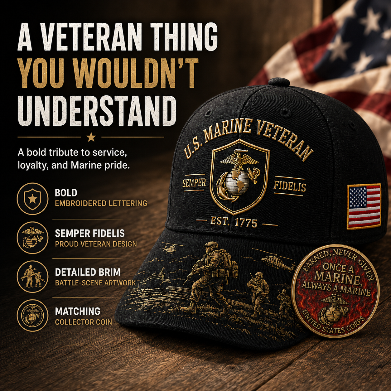 U.S. Marine Veteran Semper Fidelis Commemorative embroidered Cap 🎁 Free Honor Coin With Every Cap Purchase