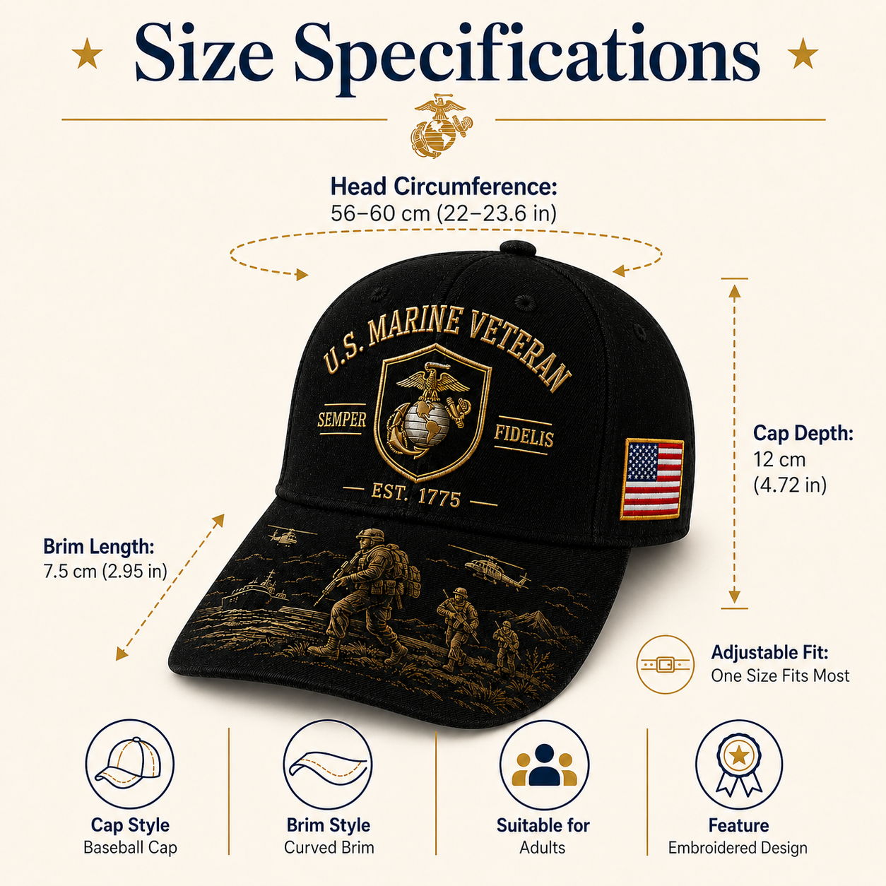 U.S. Marine Veteran Semper Fidelis Commemorative embroidered Cap 🎁 Free Honor Coin With Every Cap Purchase