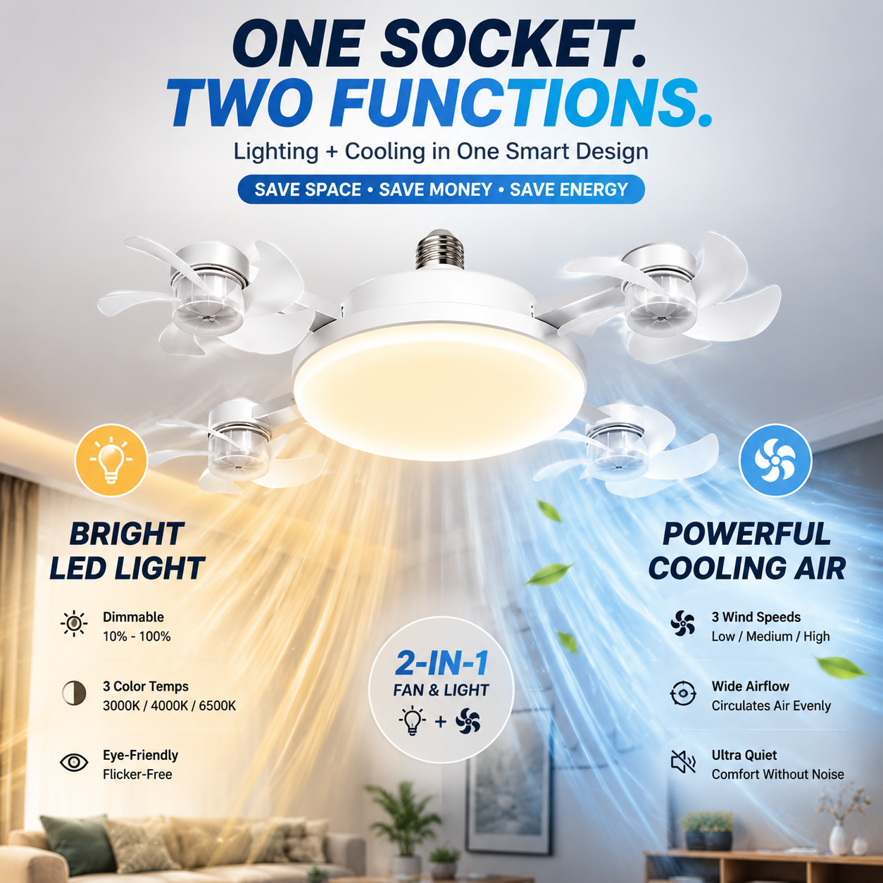 💡🌀2026 New E27 Socket Ceiling Fan Light - 2-in-1 Silent LED Fan with Remote Control, Energy-Saving Cooling & Lighting Combo for Home Bedroom