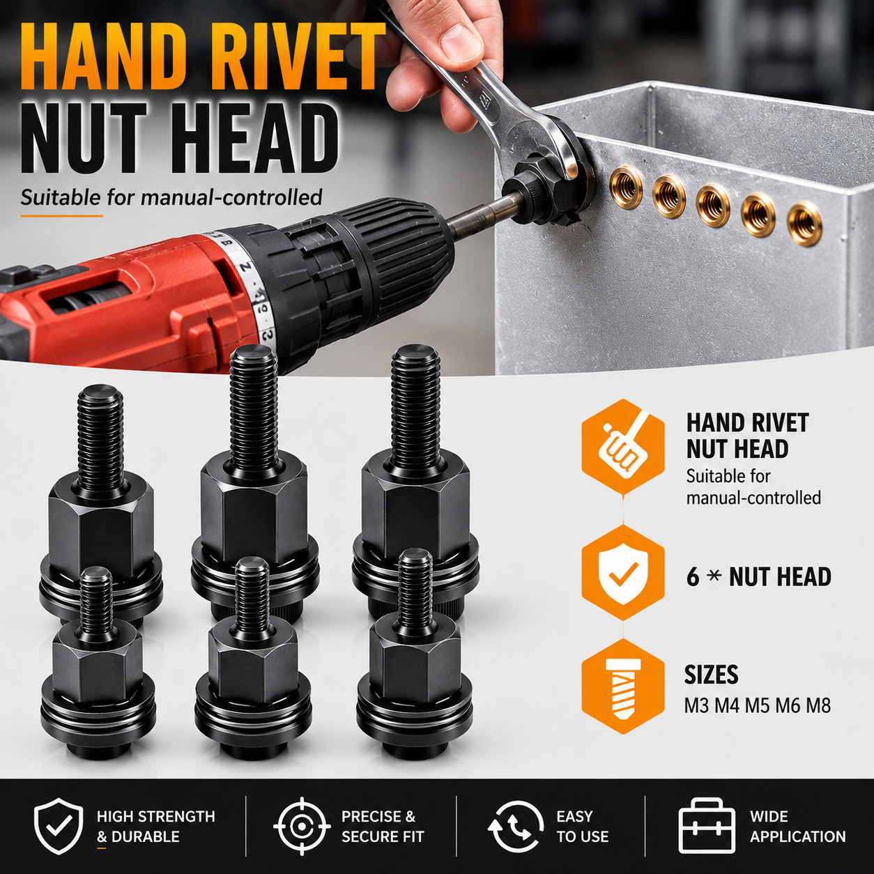 Hot🚀Head Rivet Nut Tool-M3 M4 M5 M6 M8 Rivnut Kit-Carbon Steel Rivnut Set