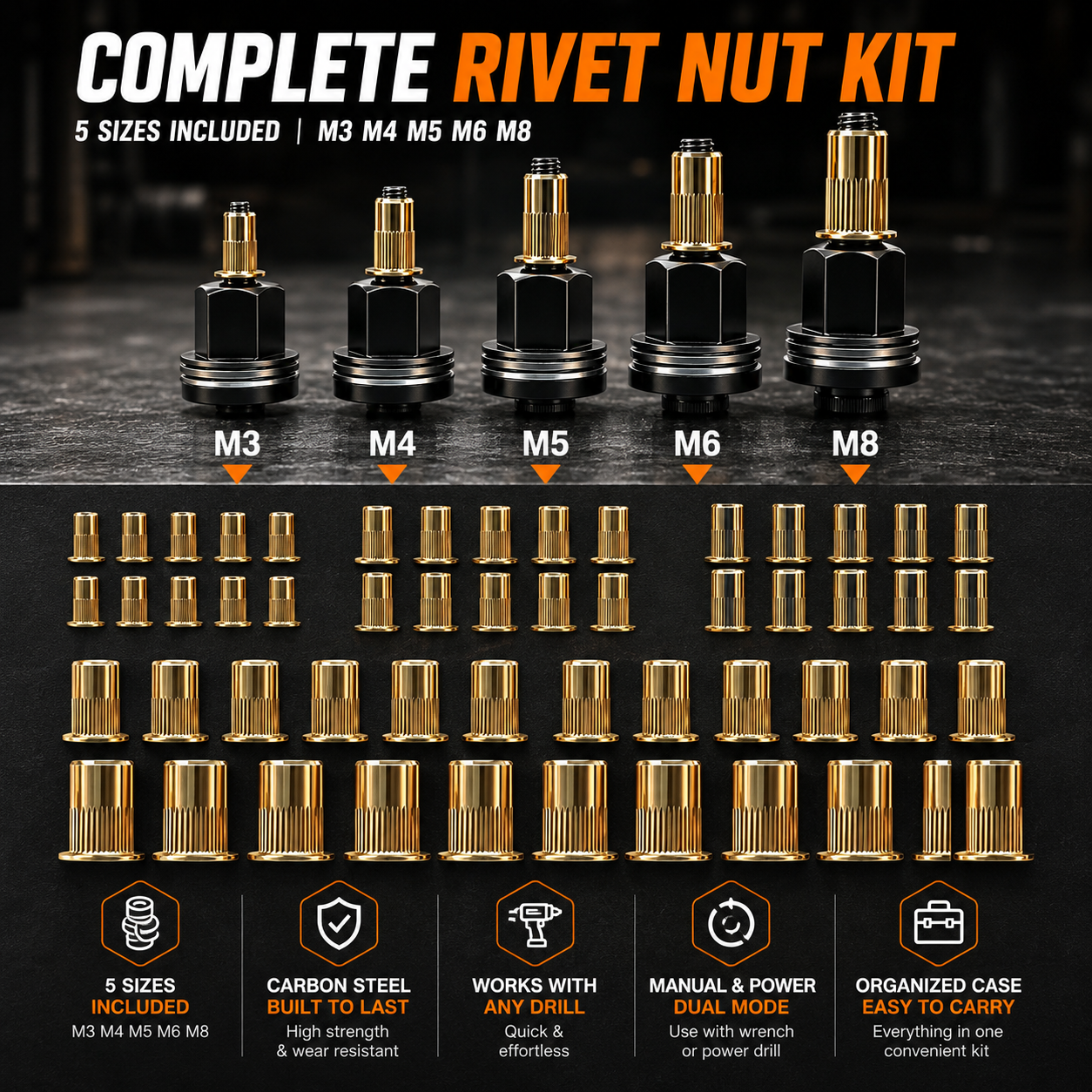 Hot🚀Head Rivet Nut Tool-M3 M4 M5 M6 M8 Rivnut Kit-Carbon Steel Rivnut Set
