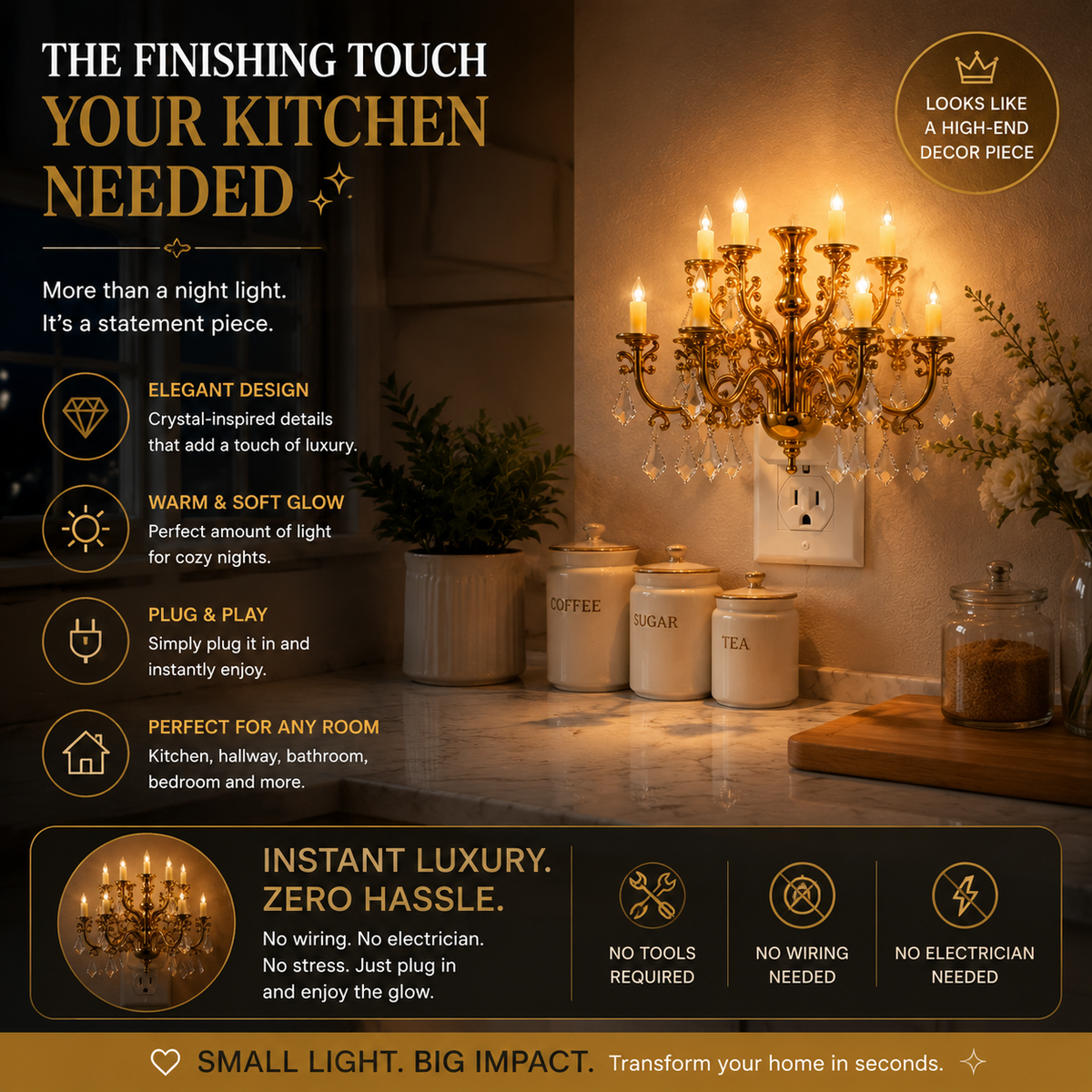 💎 Crystal Chandelier Plug-In Night Light – Instant Luxury Home Decor Outlet Lamp for Kitchen & Bedroom