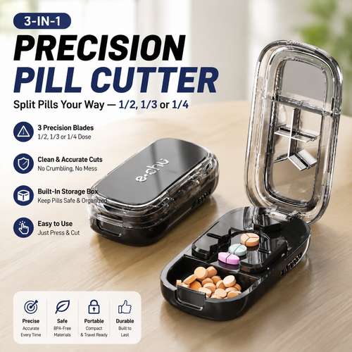 💊 3-In-1 Pill Cutter With Storage Case – Precision Tablet Splitter