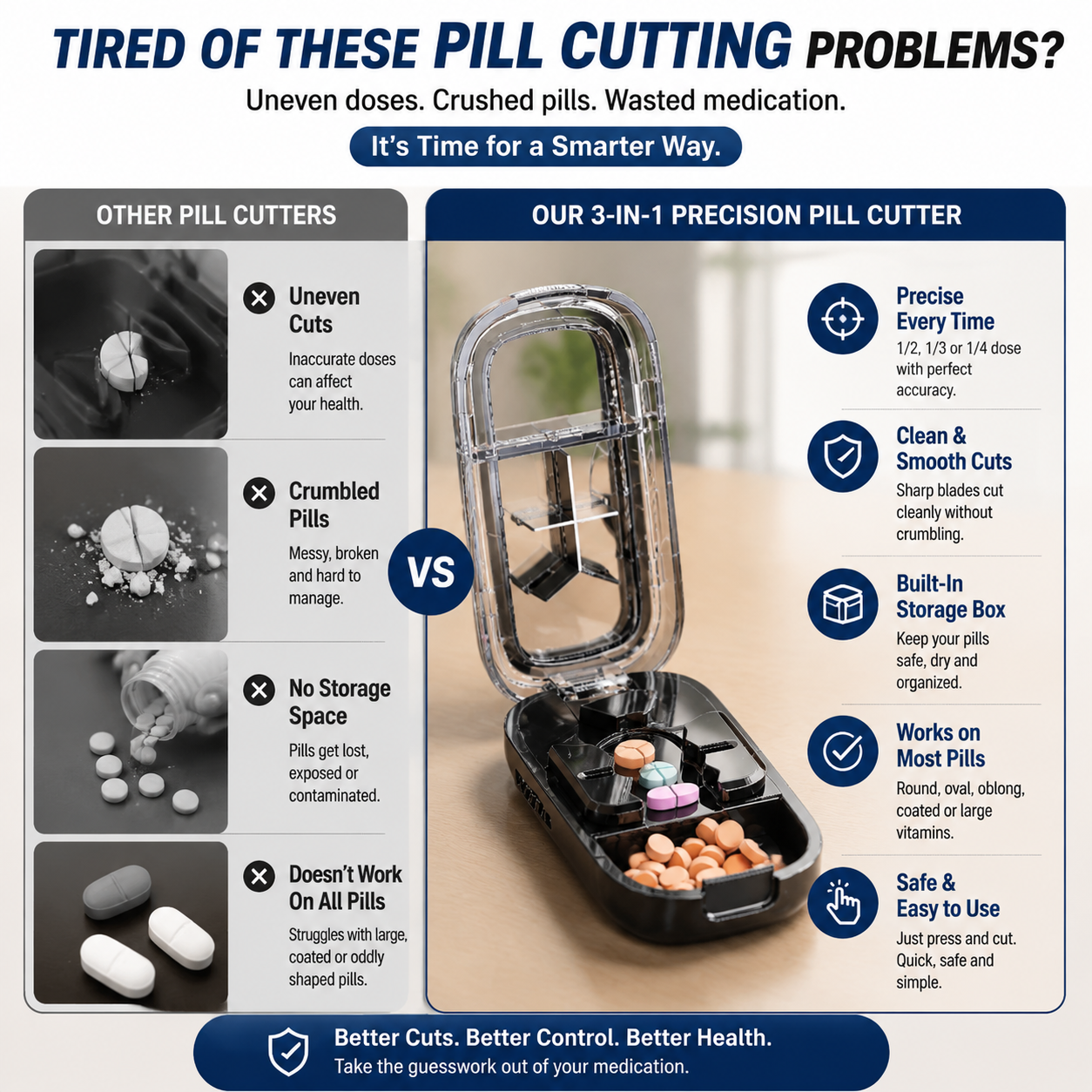 💊 3-In-1 Pill Cutter With Storage Case – Precision Tablet Splitter